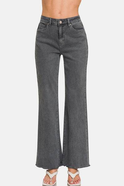 Zenana Acid Washed Frayed Hem Bootcut Jeans - Hovatok