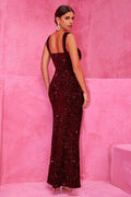 Slit Sequin Square Neck Wide Strap Dress - Hovatok