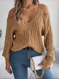 Cable-Knit Cold Shoulder Long Sleeve Sweater - Hovatok