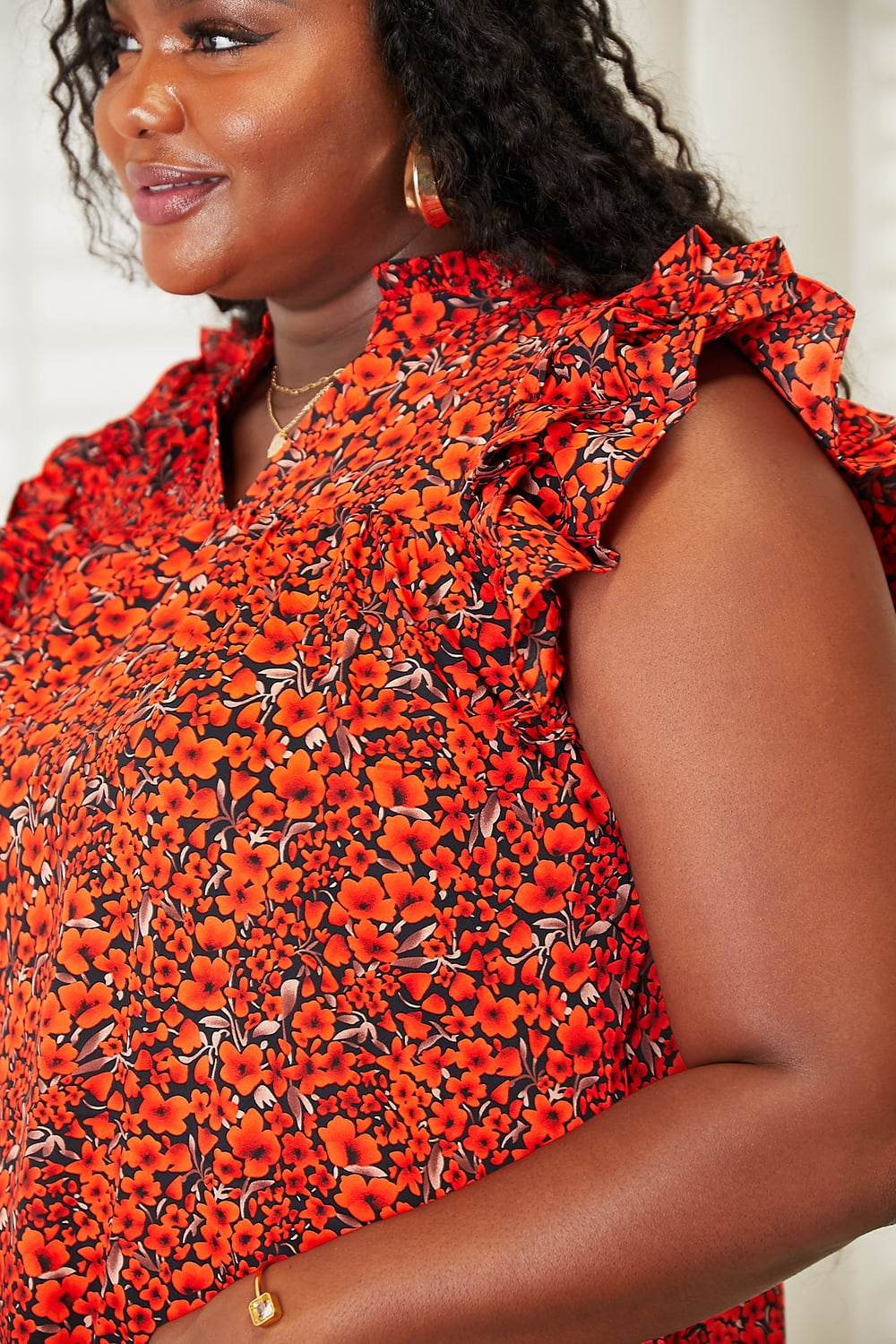 Double Take Floral Flutter Sleeve Notched Neck Blouse - Hovatok