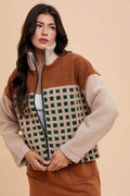 Annie Wear Plaid Zip Up Drop Shoulder Sherpa Jacket - Hovatok