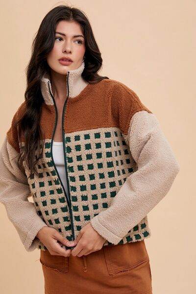 Annie Wear Plaid Zip Up Drop Shoulder Sherpa Jacket - Hovatok