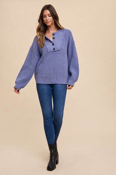 Annie Wear Half Button Ribbed Hem Sweater - Hovatok