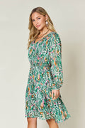 Double Take Full Size Printed Drawstring Waist Long Sleeve Dress - Hovatok
