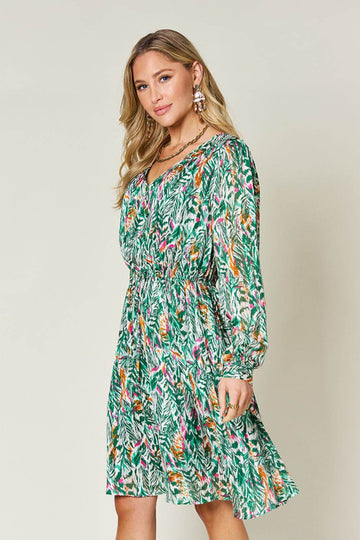 Double Take Full Size Printed Drawstring Waist Long Sleeve Dress - Hovatok
