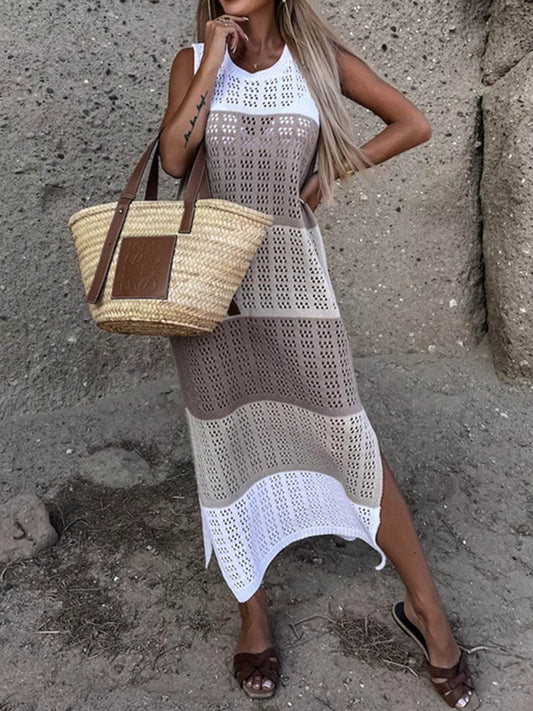 Slit Color Block Wide Strap Cover Up - Hovatok