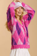 Umgee Full Size Argyle Pattern V-Neck Button Front Cardigan Plus Size - Hovatok