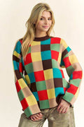 Davi & Dani Color Block Checkered Dropped Shoulder Sweater - Hovatok