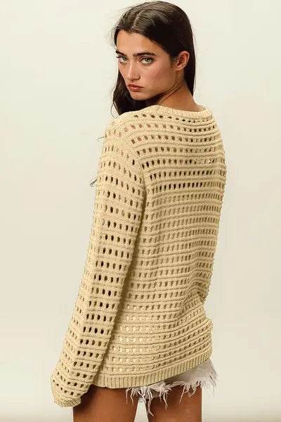 BiBi Round Neck Openwork Knit Cover Up - Hovatok