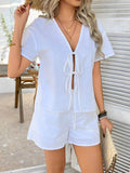 Devine Tied V-Neck Short Sleeve Top and Shorts Set - Hovatok