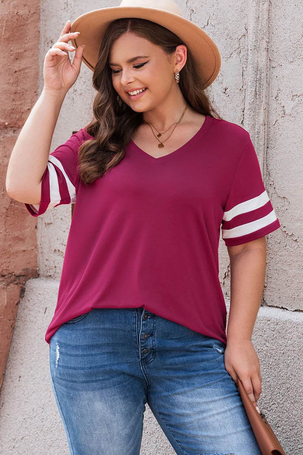 Plus Size Striped V-Neck Tee Shirt - Hovatok