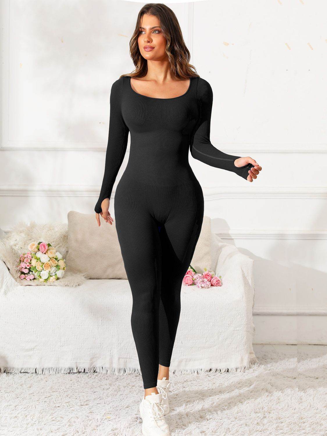 Scoop Neck Long Sleeve Active Jumpsuit - Hovatok