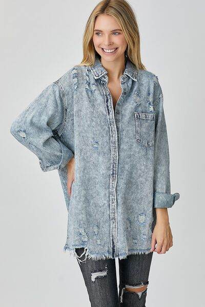 RISEN Distressed Raw Hem Denim Shirt - Hovatok