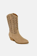 Beast Fashion Faux Suede Laser Cut Detail Block Heel Boots - Hovatok