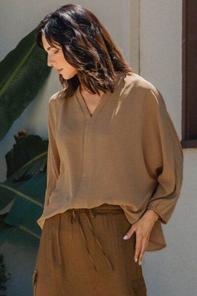 Annie Wear Notched Batwing Sleeve Blouse - Hovatok