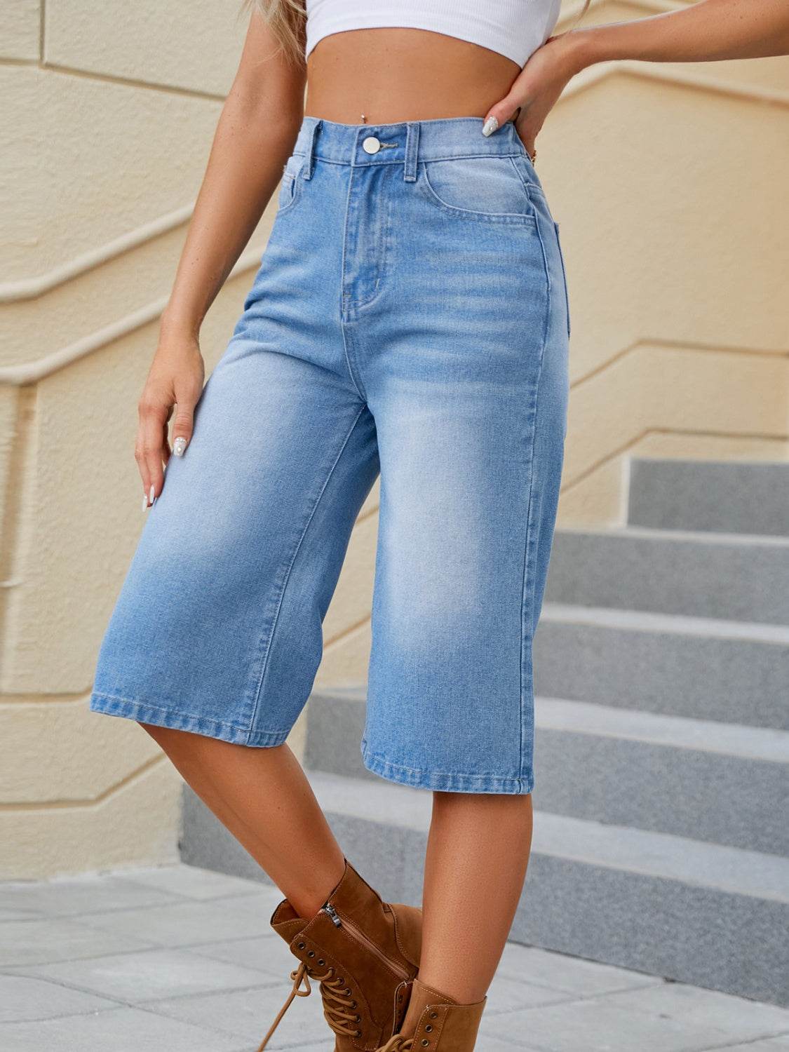 High Waist Denim Shorts with Pockets - Hovatok