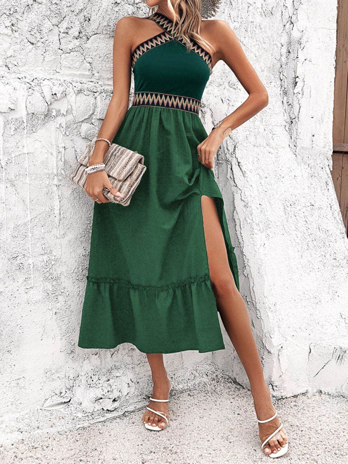 Devine Ruffled Slit Sleeveless Midi Dress - Hovatok