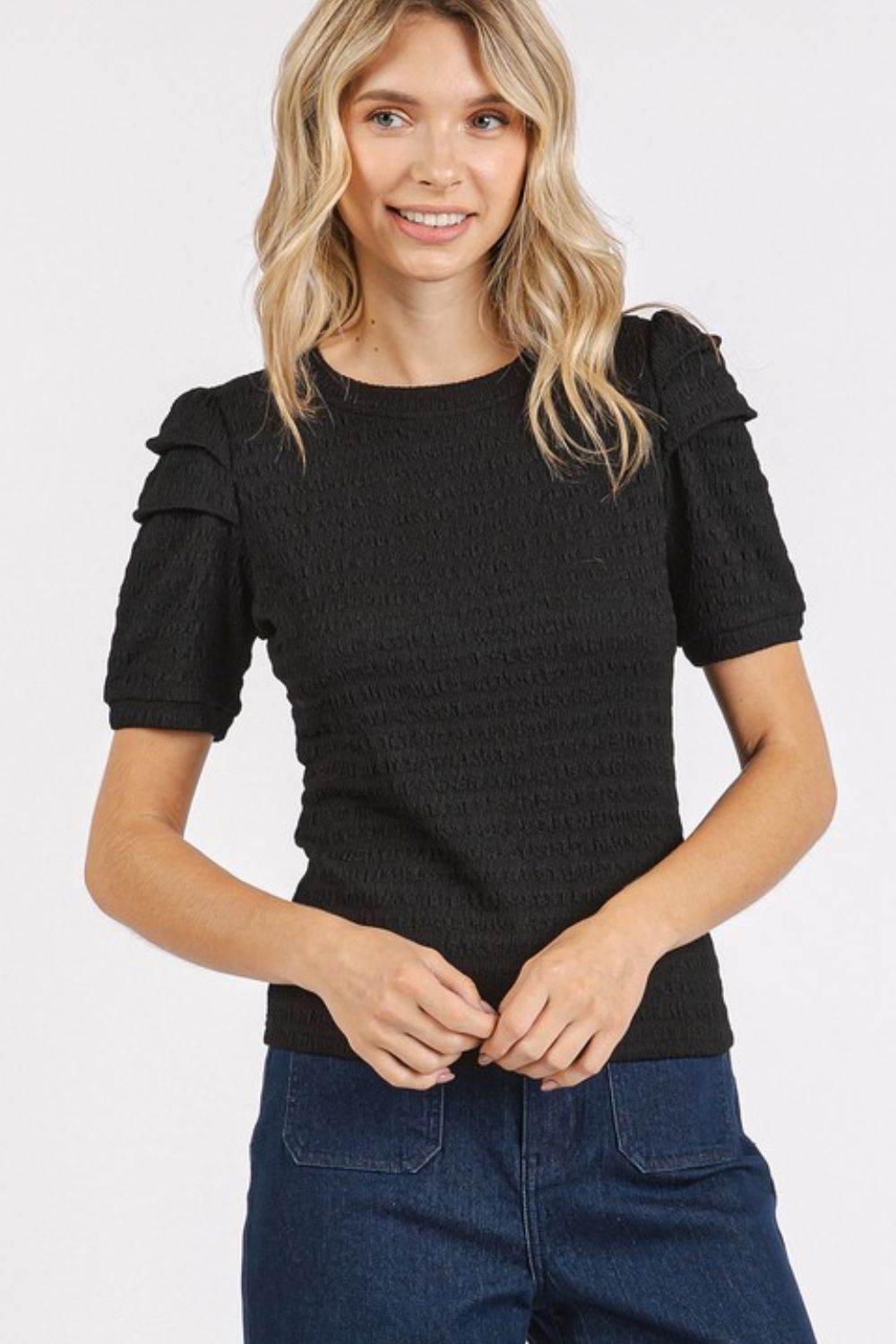 Mittoshop Textured Round Neck Short Sleeve Blouse - Hovatok