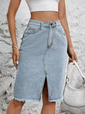 Raw Hem Slit Denim Skirt - Hovatok
