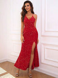 Slit Sequin V-Neck Cami Dress - Hovatok