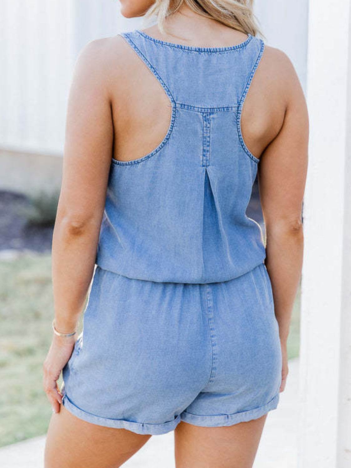 Pocketed Half Button Sleeveless Denim Romper - Hovatok