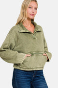 Zenana Acid Wash Fleece Half Snap Sweatshirt with Pocket - Hovatok