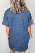 Short Sleeve Collared Patched Pocket Denim Mini Dress - Hovatok