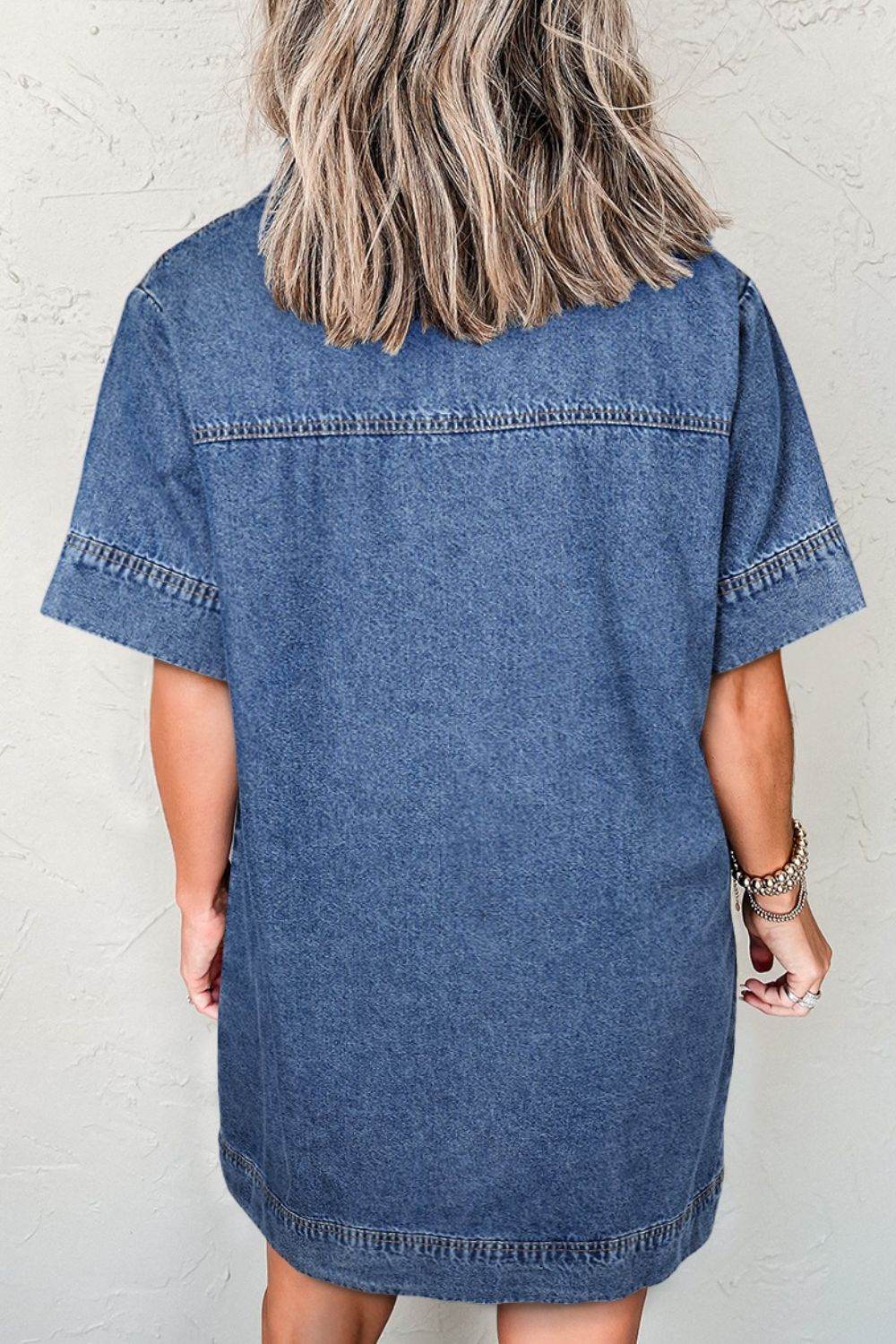 Short Sleeve Collared Patched Pocket Denim Mini Dress - Hovatok
