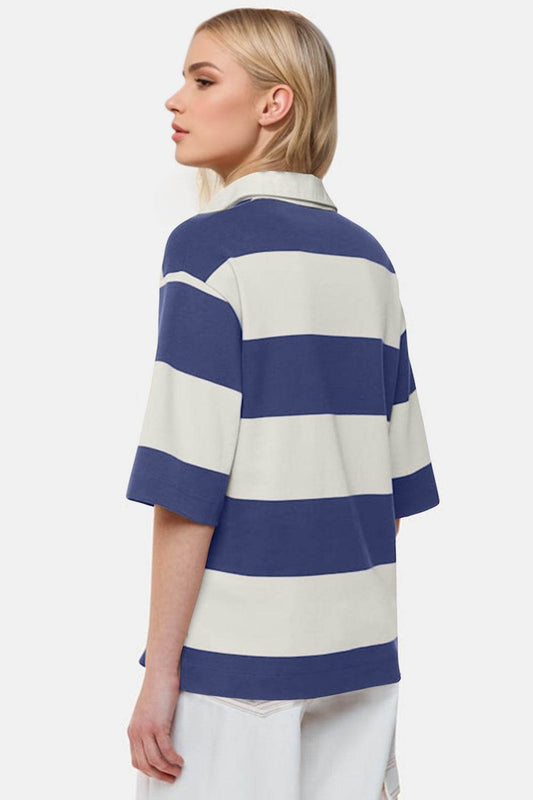 Oh Pima Cotton Wash Color Block Johnny Collar Half Sleeve Top - Hovatok