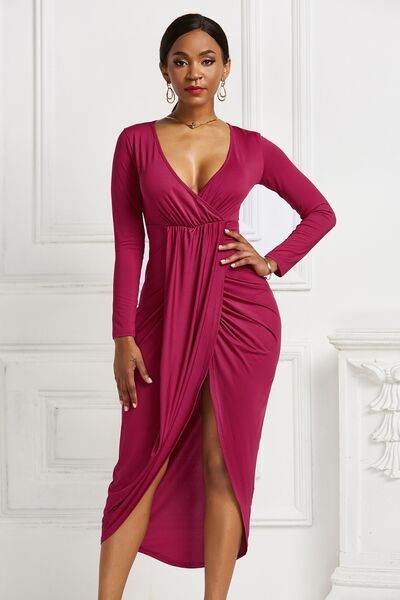 High-low Ruched Surplice Long Sleeve Dress - Hovatok