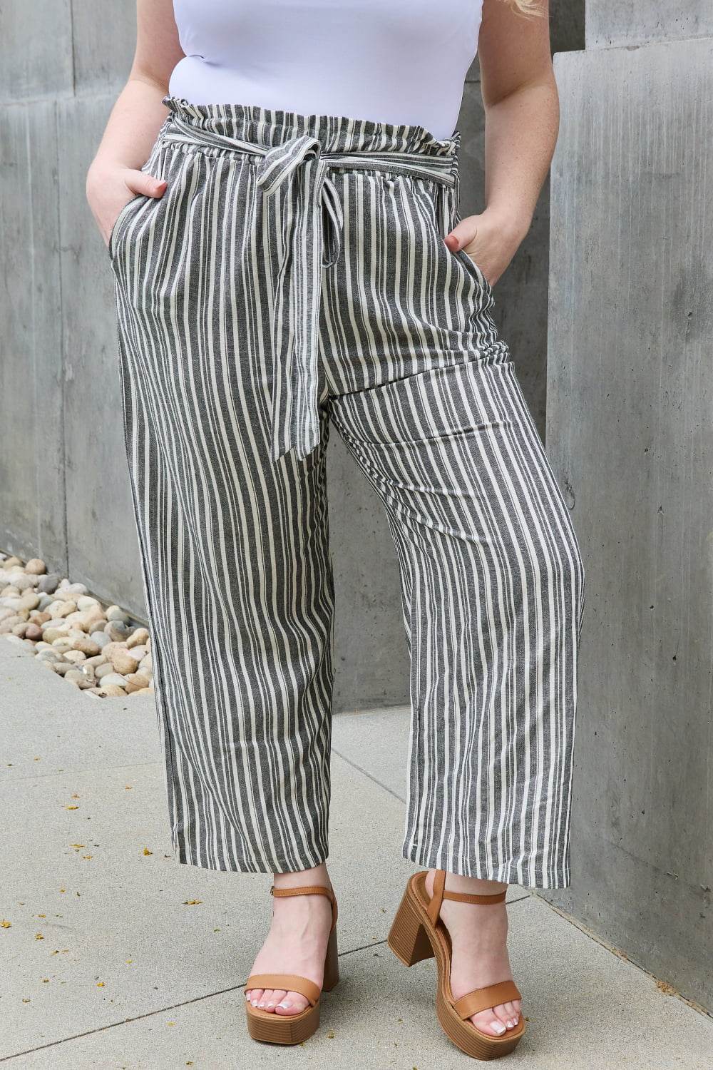 Heimish Find Your Path Full Size Paperbag Waist Striped Culotte Pants - Hovatok