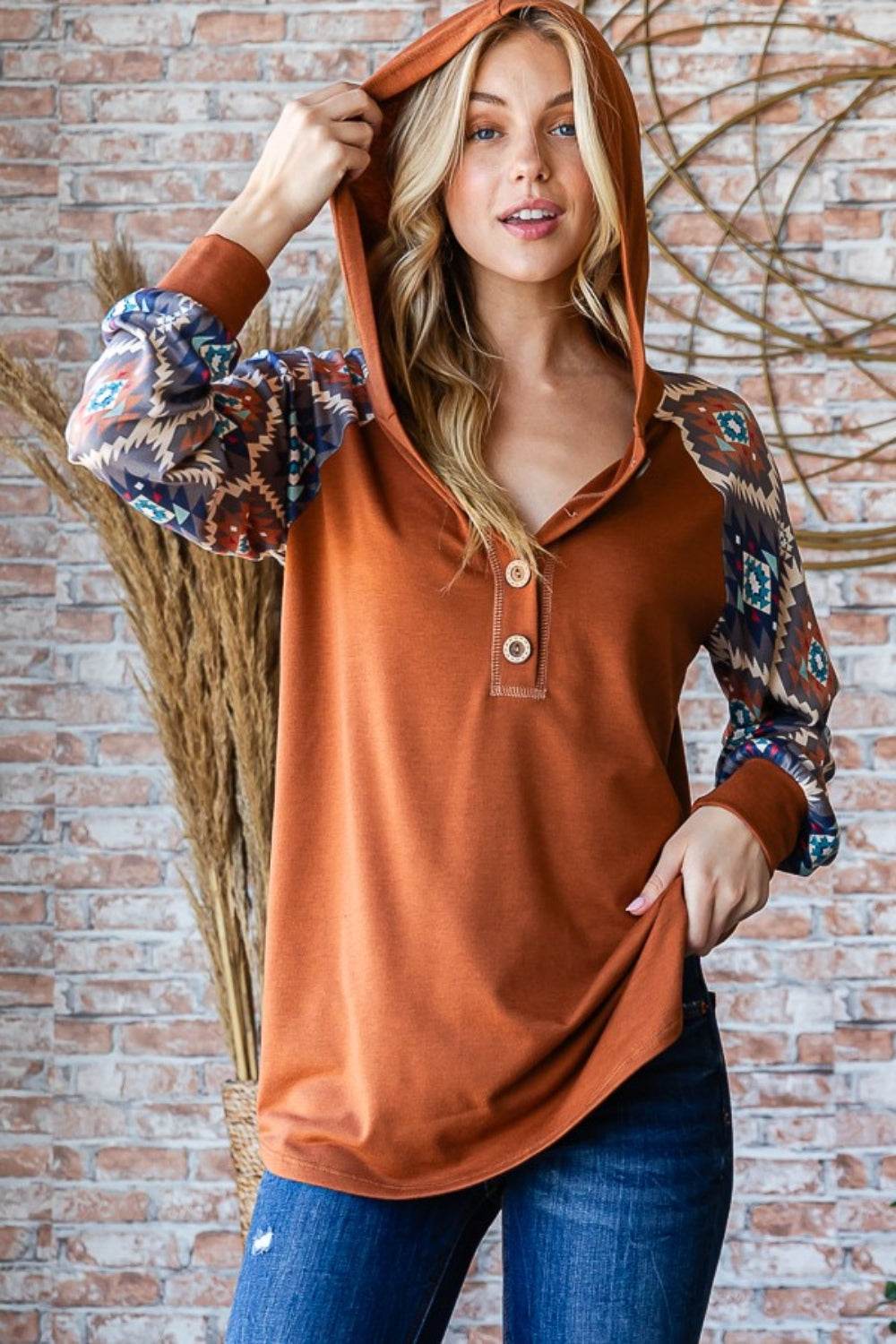 Heimish Full Size Half Button Printed Long Sleeve Hooded Top - Hovatok