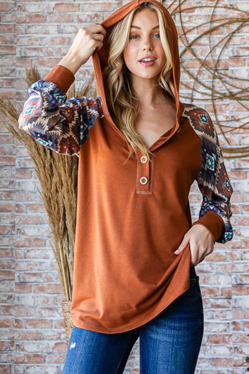 Heimish Full Size Half Button Printed Long Sleeve Hooded Top - Hovatok