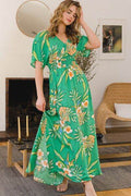 ODDI Full Size Floral Smocked Tied Back Maxi Dress - Hovatok