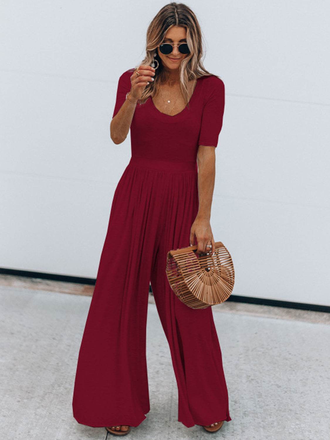 Scoop Neck Short Sleeve Jumpsuit - Hovatok