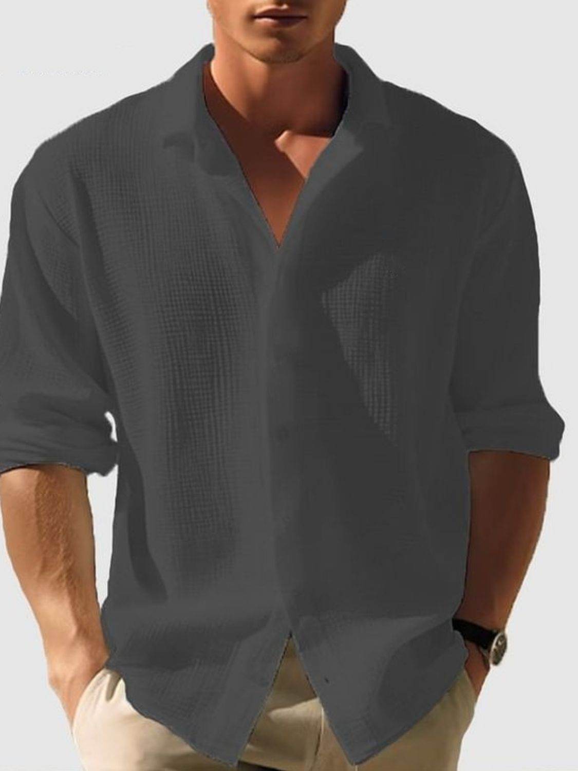 Men's Full Size Collared Neck Button Down Long Sleeve Shirt Plus Size - Hovatok