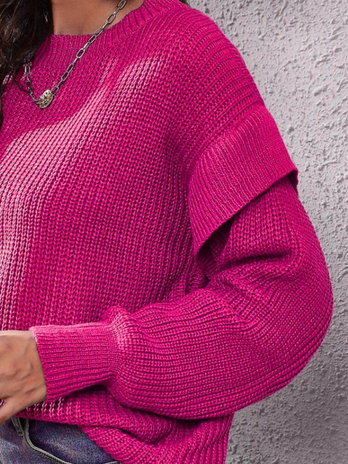 Ruffled Round Neck Dropped Shoulder Sweater - Hovatok