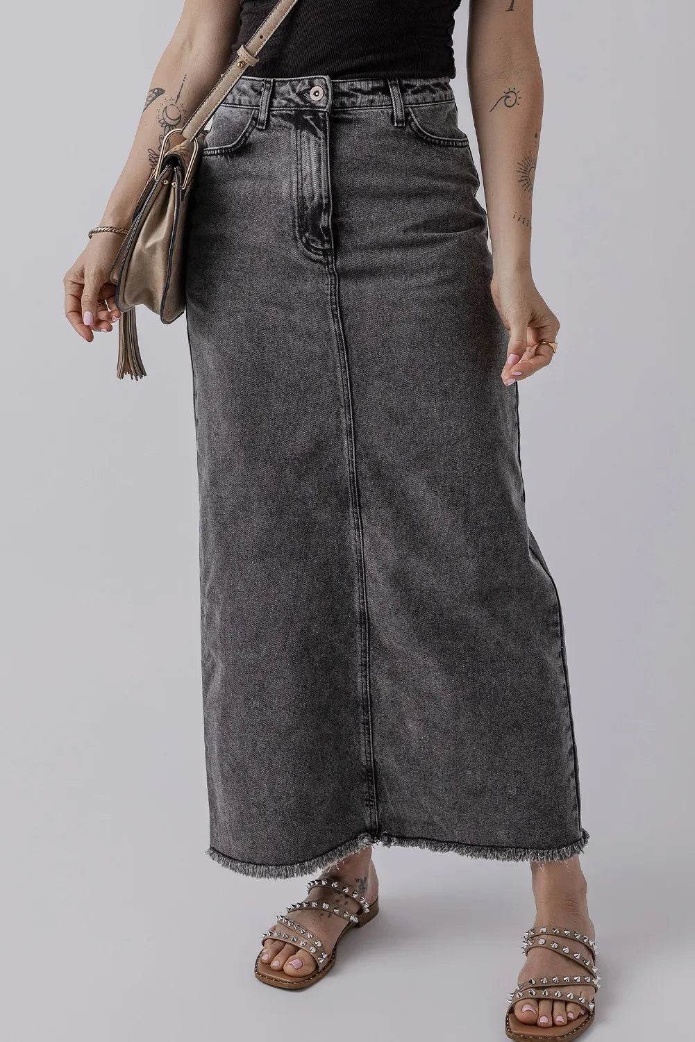 Raw Hem Midi Denim Skirt with Pockets - Hovatok