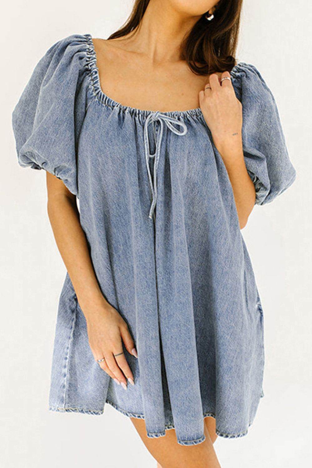 Bubble Sleeve Square Neck Denim Babydoll Dress - Hovatok