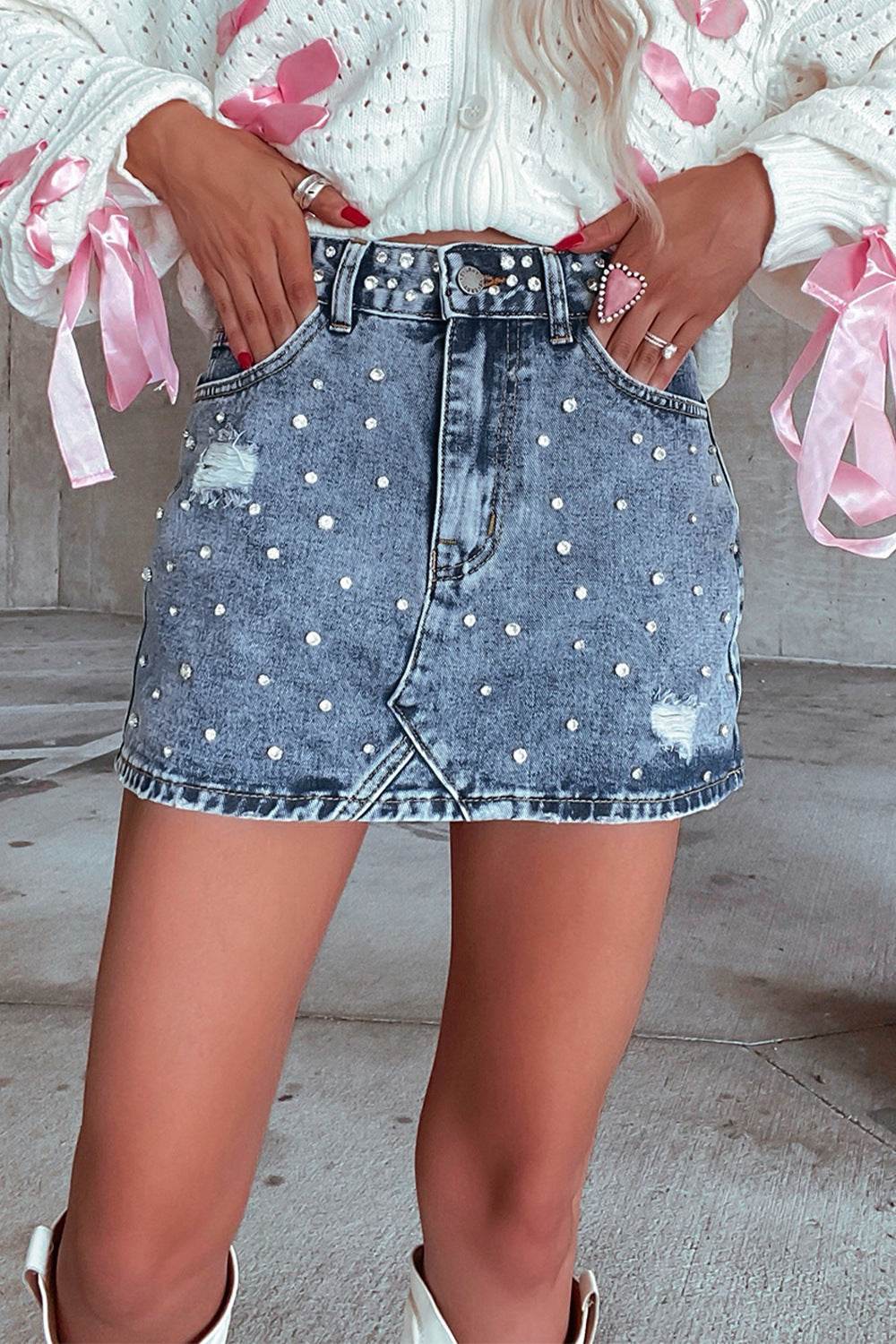 Rhinestone Distressed Denim Mini Skirt - Hovatok