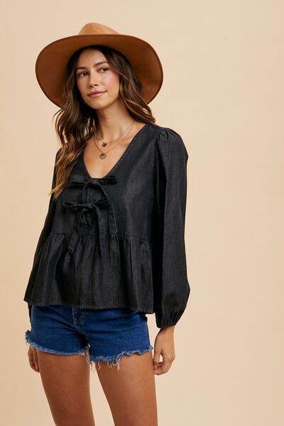 Annie Wear Tie Front Peplum Long Sleeve Denim Top - Hovatok