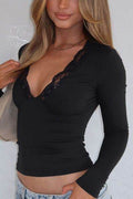 Lace Detail V-Neck Long Sleeve T-Shirt - Hovatok