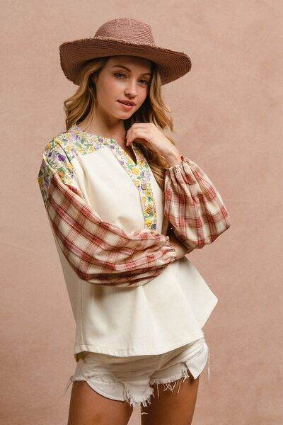 BiBi Floral Notched Plaid Balloon Sleeve Top - Hovatok