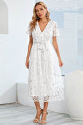 Sequin Leaf Embroidery Tie Front Short Sleeve Dress - Hovatok