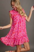 Umgee Full Size Smocked Detail Floral Metallic Ruffle Cap Sleeve Dress Plus Size - Hovatok