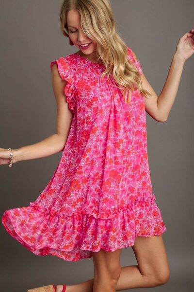 Umgee Full Size Smocked Detail Floral Metallic Ruffle Cap Sleeve Dress Plus Size - Hovatok