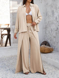 Devine Button Down Long Sleeve Top and Wide Leg Pants Set - Hovatok