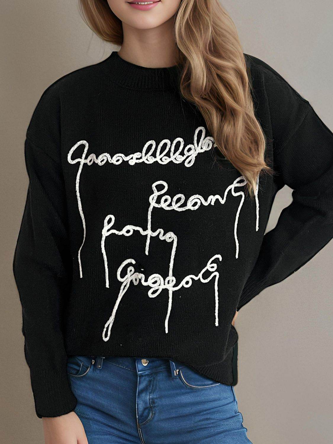 Letter Contrast Round Neck Dropped Shoulder Sweater - Hovatok