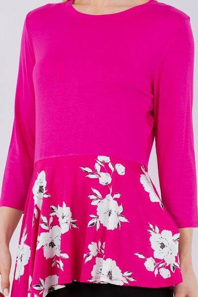 Celeste Full Size Floral Asymmetrical Hemline Round Neck Top Plus Size - Hovatok