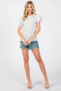 Ces Femme Contrast Striped Ruffled Cap Sleeve Blouse - Hovatok
